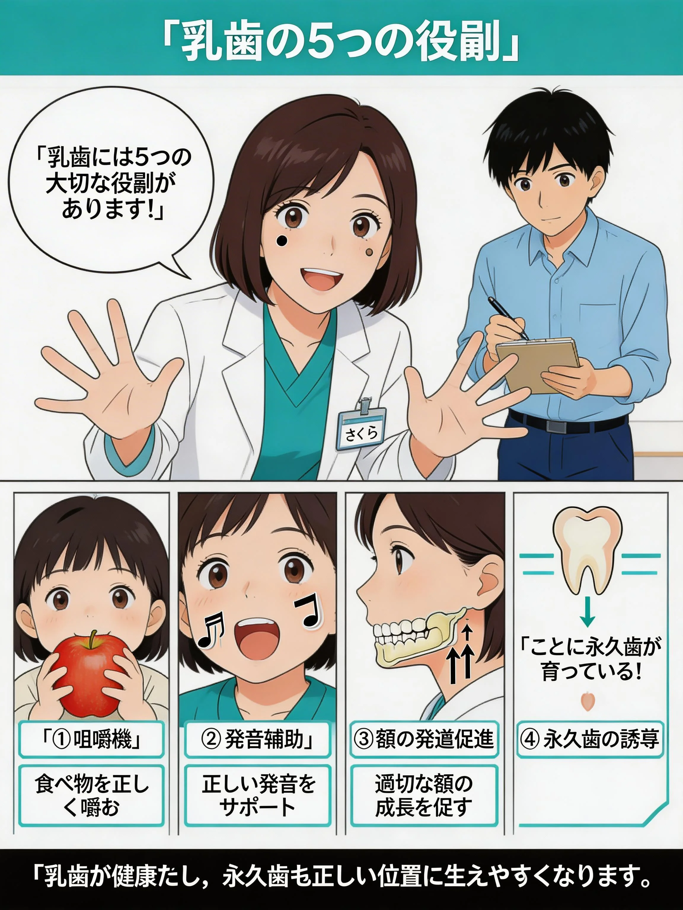 乳歯の5つの役割（咀嚼・発音・顎の発達・永久歯誘導・審美性）を解説するパネル