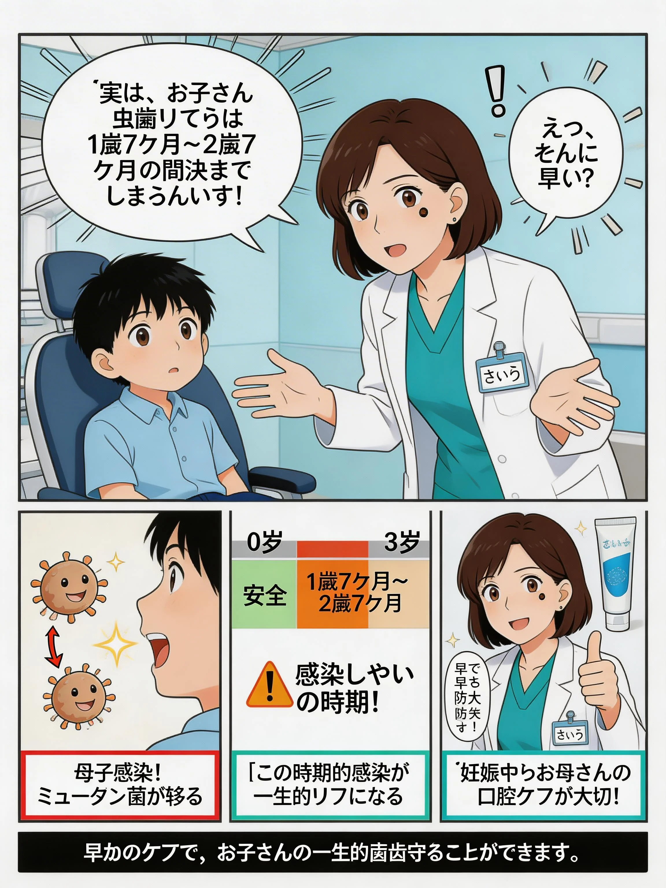 1歳7ヶ月〜2歳7ヶ月の虫歯リスク期とミュータンス菌の母子感染を説明するパネル