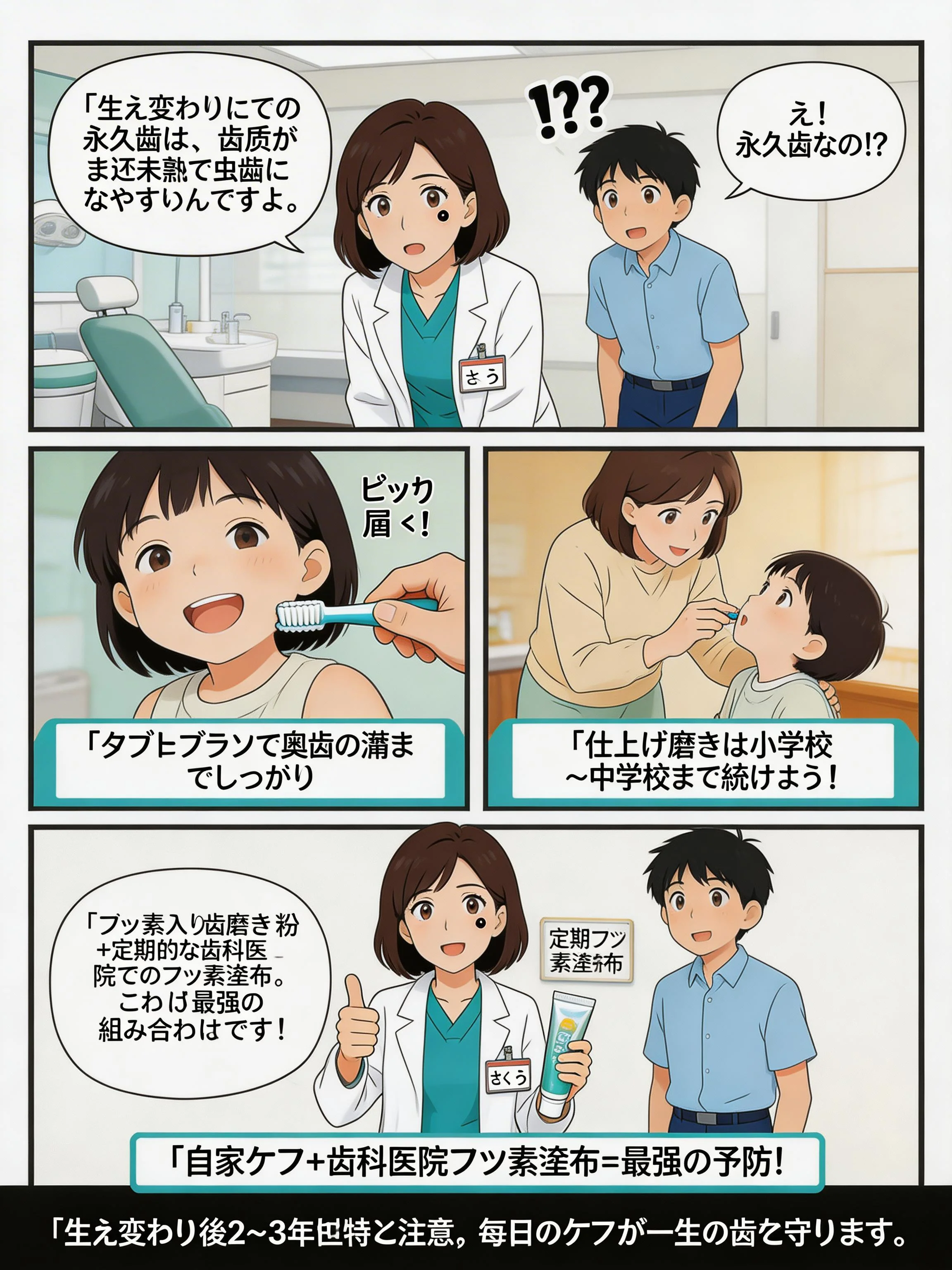 生え変わり期の虫歯予防、フッ素・仕上げ磨きの方法を解説するパネル