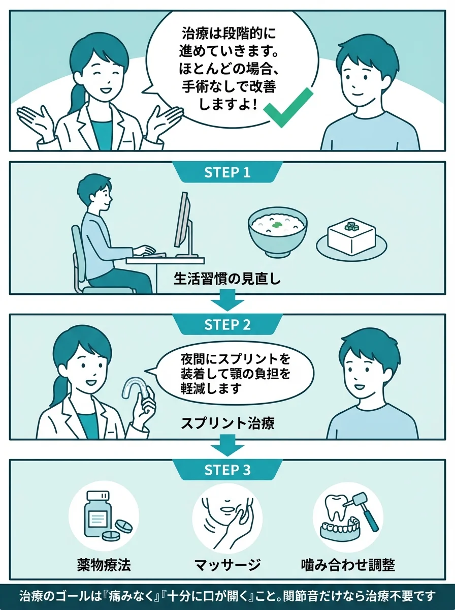 顎関節症の治療方法を解説するマンガ - 生活習慣改善・スプリント治療・薬物療法の3ステップ